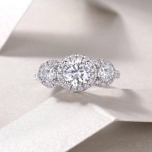 18k Round Moissanite 3 Stone Halo Engagement Ring Alaina